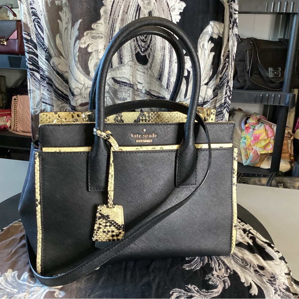 Kate Spade black Saffiano leather with snakeskin embossed trim